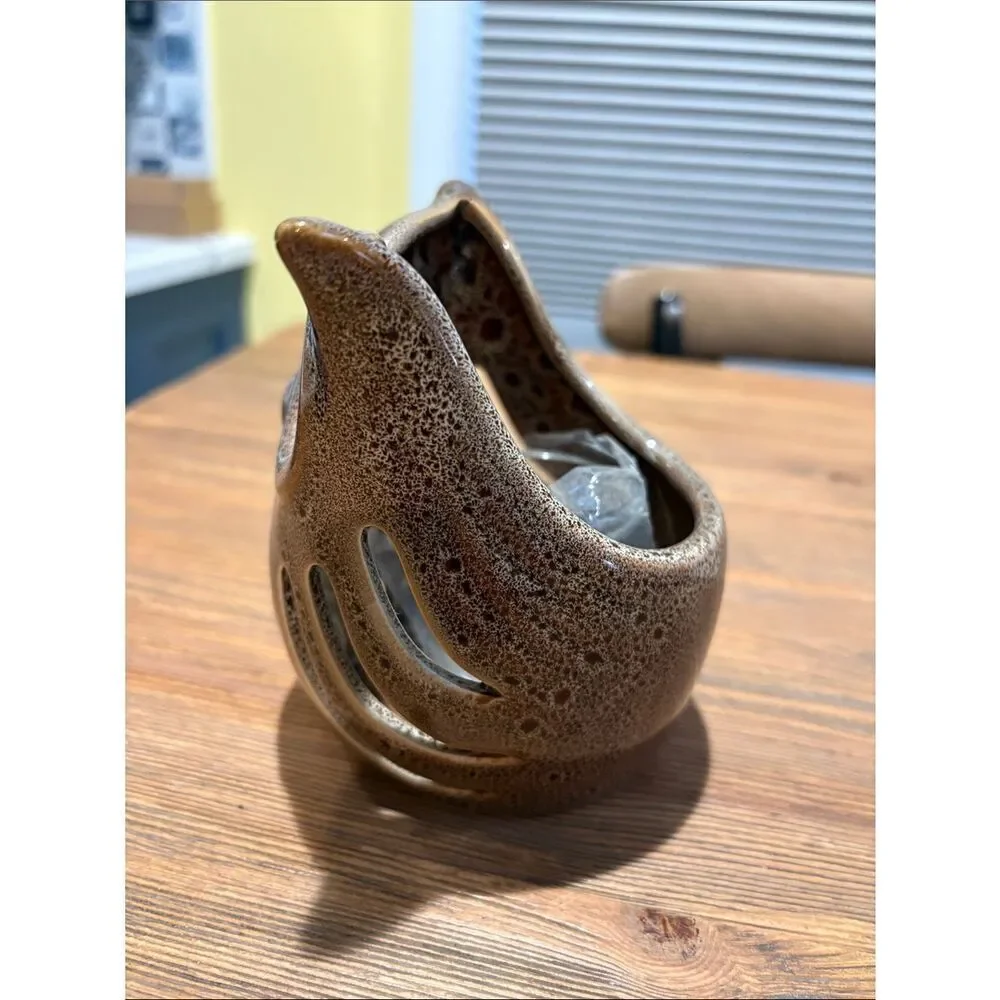Vintage PartyLite Brown Speckled Ceramic Owl Votive Holder